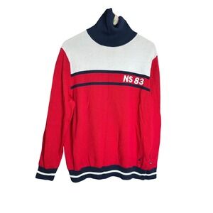 Nautica NS 83 Turtleneck Sweater Red White Blue Size L Mens Long Sleeve